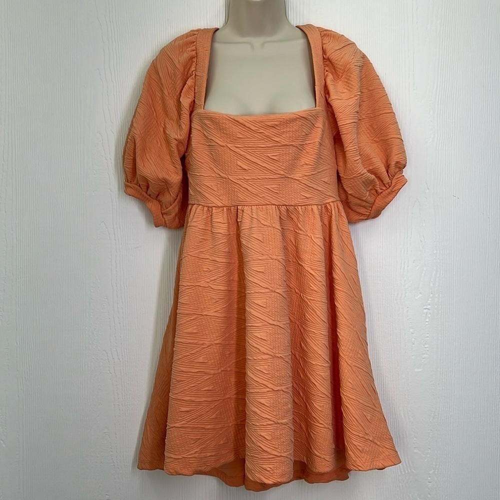 Free People - Orange Square Neck Puffy Sleeves Fun Design Mini Swing Dress Sm